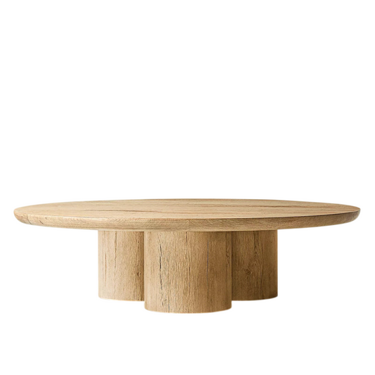 Round Solid Wood Coffee Table, Natural Wood Center Table with Cylindrical Pedestal Base for Living Room, Sofa Lounge, Villa, Hotel, Farmhouse Decor