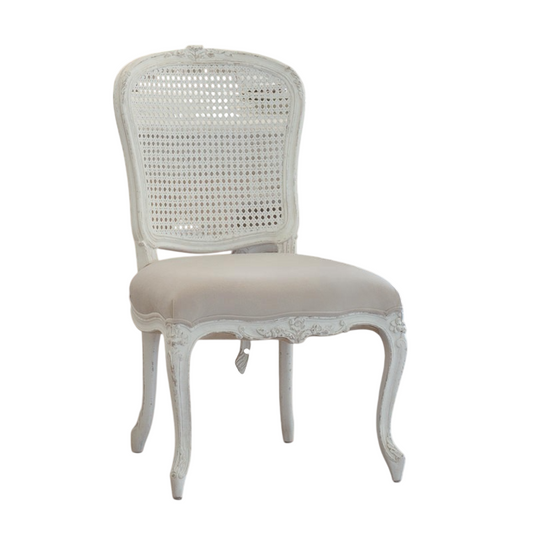 Vintage White Cane Back Dining Chair, Carved Solid Wood Side Chair with Upholstered Seat, Rustic Accent Chair for Dining Room, Vanity, Office and Bedroom