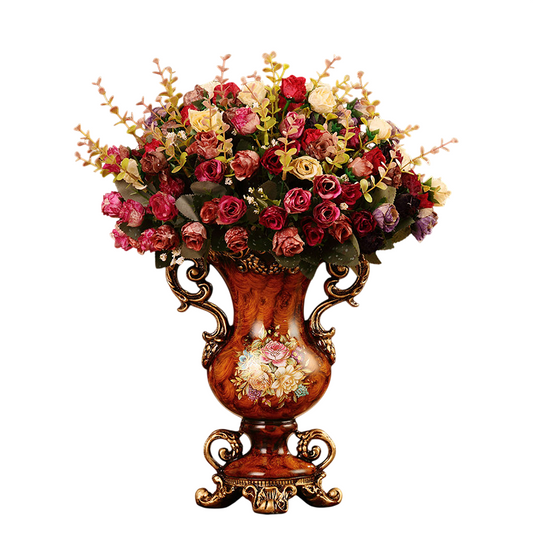 Wood Grain Resin Vase with Artificial Flowers, European Style Double Handle Decorative Flower Arrangement, Vintage Table Centerpiece for Living Room, Entryway, Office, Hotel, Dining Table Decor