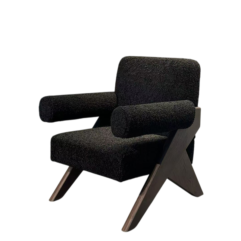 Modern Black Boucle Accent Chair, Solid Ash Wood Lounge Armchair with Sculptural X Frame, Wabi Sabi Single Sofa Chair for Living Room, Bedroom, Balcony, Hotel Reception