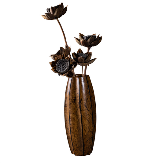 Solid Wood Decorative Vase, Tall Faceted Wooden Flower Vase for Dried Flowers, Rustic Tabletop Centerpiece, Modern Primitive Accent Decor for Living Room, Dining Table, Entryway, Shelf, and Office