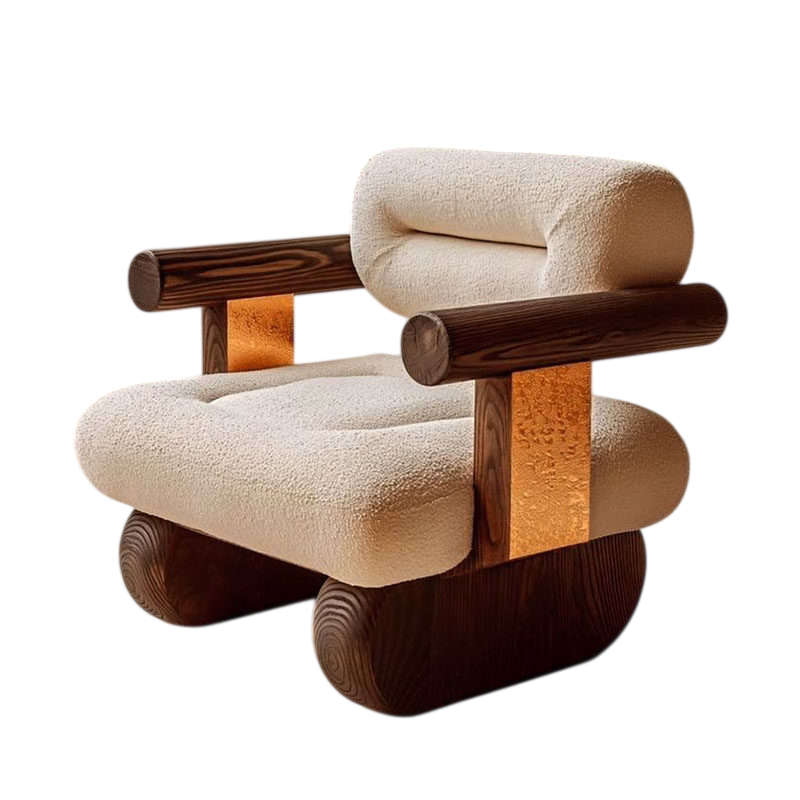 Modern Wabi Sabi Boucle Accent Chair, Solid Ash Wood Lounge Armchair with White Sherpa Upholstery, Japandi Low Profile Single Sofa Chair for Living Room, Bedroom, Hotel Lobby, Reading Corner