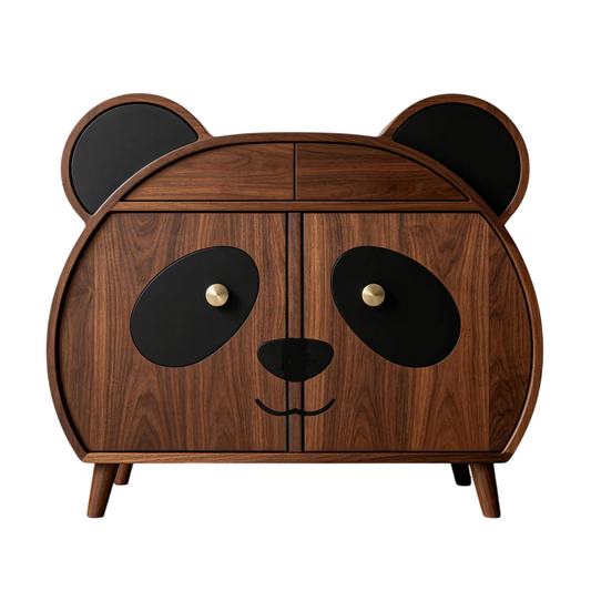 Solid Ash Wood Panda Storage Cabinet, Kids Sideboard Buffet Cabinet with Drawers &amp; Double Doors, Modern Walnut Finish Accent Storage Cabinet for Nursery, Playroom, Bedroom, Living Room &amp; Entryway