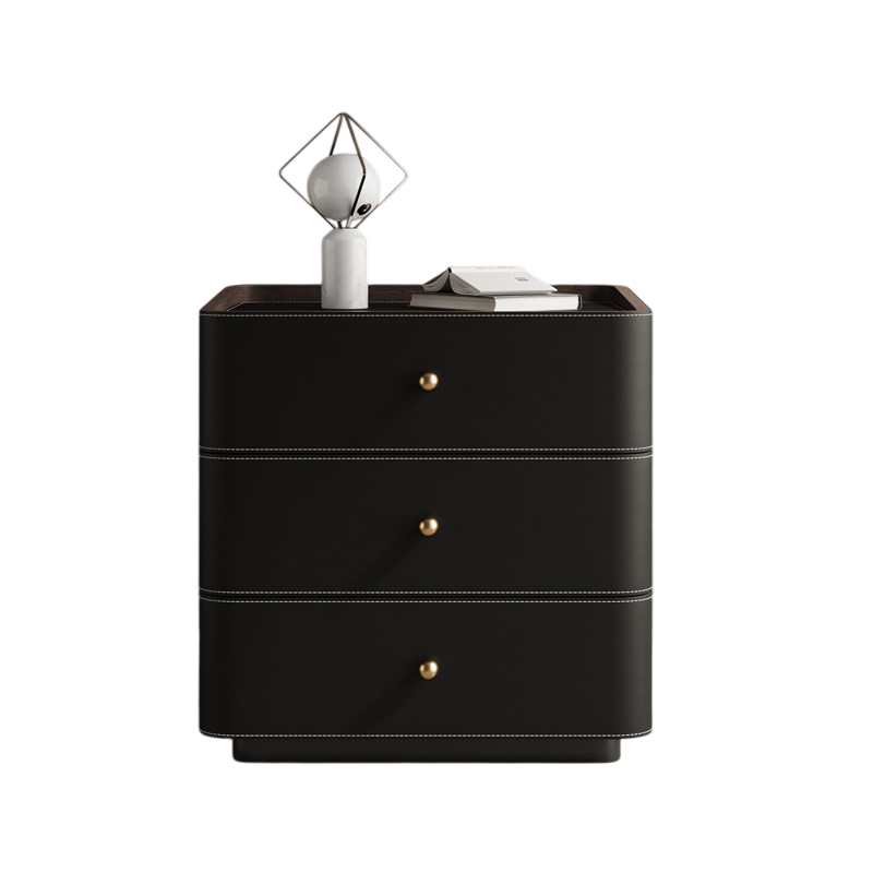 Black Leather Wrapped Nightstand, 3 Drawer Bedside Table with Solid Wood Frame and Gold Knobs for Bedroom, Living Room and Storage
