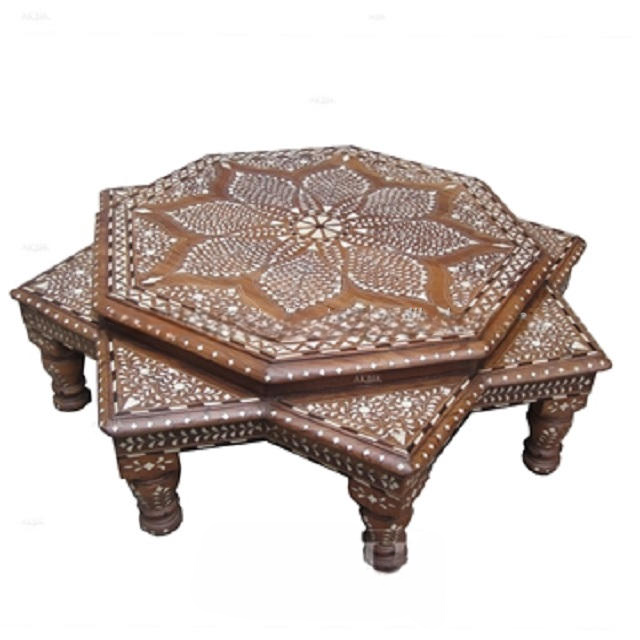 Luxury Bone Inlay Coffee Table Set Handmade Wooden Nesting Center Tables Moroccan Floral Accent Table Bohemian Living Room Tea Table Set of 2