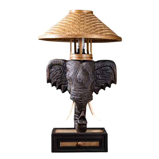 Elephant Table Lamp, Decorative Bedside Lamp with Woven Rattan-Style Shade and Drawer Base, Vintage Accent Light for Living Room, Bedroom, Study Room, Entryway, Hotel, Spa, and Office Decor