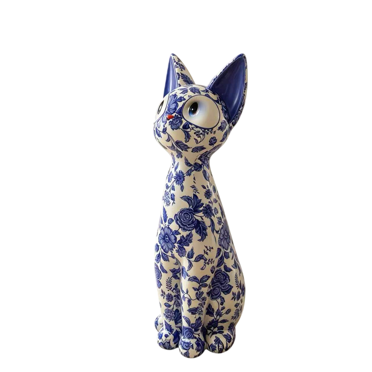 Blue and White Cat Floor Statue, Porcelain Style Decorative Animal Sculpture for Living Room, Entryway, TV Stand, Sofa Side and Home Décor Gift