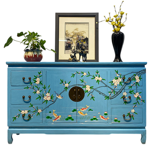 Sky Blue Hand Painted Chinese Style Sideboard Cabinet, Solid Wood Buffet Storage Cabinet with Floral Bird and Fish Design, Dining Room Credenza for Kitchen, Living Room, Entryway, Hallway, and Home Storage