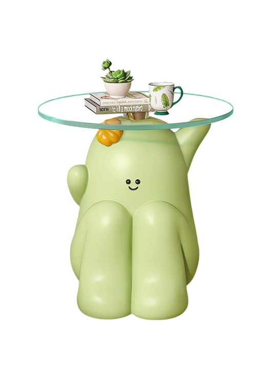 Light Green Resin Cactus Side Table with Round Tempered Glass Top, Cute Smiling Character Accent End Table for Living Room, Bedroom, Nursery, Apartment and Small Spaces