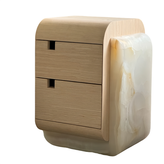 Natural Ash Wood Nightstand with White Marble Side Panels, 2-Drawer Rounded Bedside Table with Recessed Pulls, Wabi-Sabi Storage Cabinet for Bedroom and Guest Room