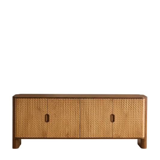 Solid Wood Carved Sideboard Buffet Cabinet, Textured Door Storage Credenza TV Console for Dining Room, Living Room, Hotel, Villa, Natural Wood Finish