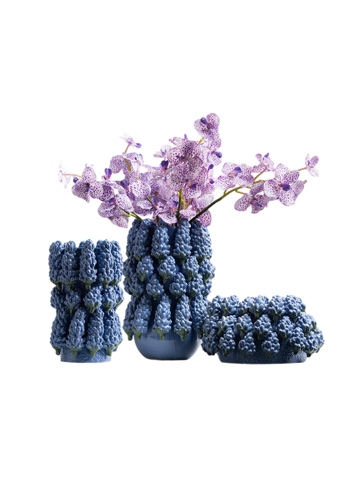 3 Blue Ceramic Grape Vases with 6 Purple Orchid Stems, 9-Piece Set