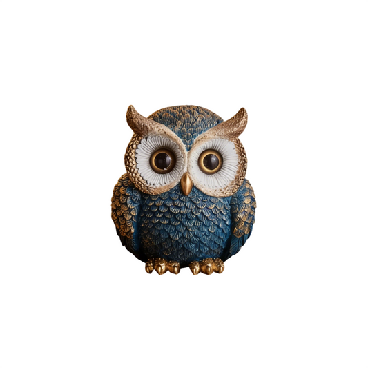 Blue and Gold Owl Figurine, Vintage Textured Bird Statue with Oversized Eyes, Decorative Tabletop Sculpture for Bookshelf, Office, Entryway, Living Room and Bedroom