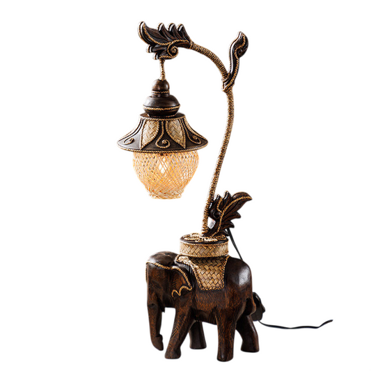 Elephant Table Lamp with Hanging Lantern Shade, Decorative Wood Style Accent Lamp with Woven Globe Light, Vintage Bedside Lamp for Bedroom, Living Room, Entryway, Office, Hotel, Spa, and Table Decor