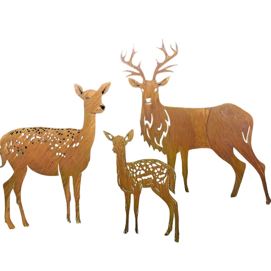 Rustic Metal Deer Family Garden Sculpture Set, 3 Piece Stag Doe and Fawn Yard Art, Weathered Reindeer Silhouette Outdoor Decor for Lawn, Farmhouse Garden, Patio, Courtyard, Landscape Display