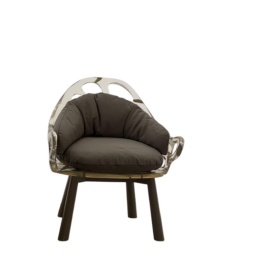 Clear Resin Accent Armchair with Olive Green Cushion, Sculptural Transparent Lounge Chair with Four Legs, Modern Upholstered Single Chair for Living Room, Bedroom, Tea Room and Hotel Lobby