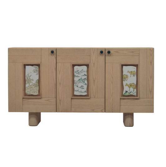 Natural Wood Sideboard Cabinet with Illustrated Inset Panels, 3 Door Solid Wood Buffet Credenza, Organic Modern Storage Cabinet for Living Room, Dining Room and Entryway