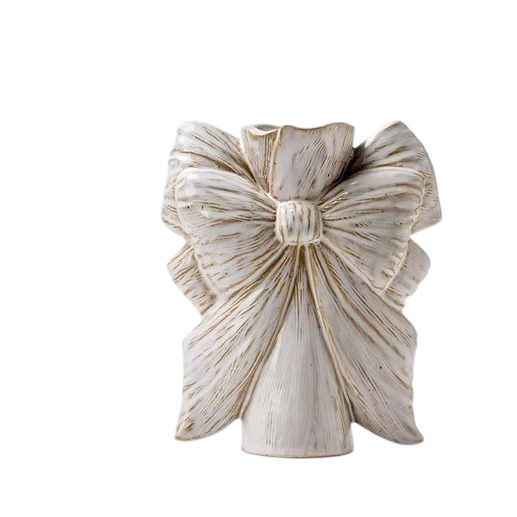 White Bow Ceramic Vase for Dried Flowers, Decorative Tabletop Flower Holder