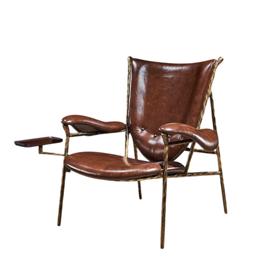 Vintage Brown Leather Lounge Chair, Rustic Metal Frame Accent Armchair, Cigar Lounge Reading Chair for Living Room, Tea Room, Office and Study