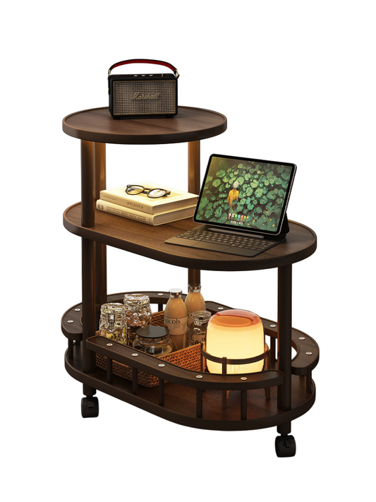 Walnut Brown 3-Tier Sofa Side Table with Shelves, Solid Wood