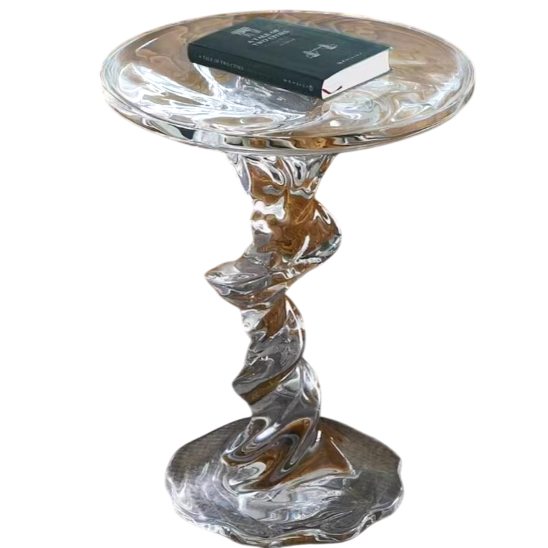 Transparent Resin Side Table, Clear Swirl Accent Table, Sculptural Water Ripple End Table with Round Top, Modern Acrylic Look Pedestal Table for Living Room, Bedroom, Hotel Lobby, Sofa Side