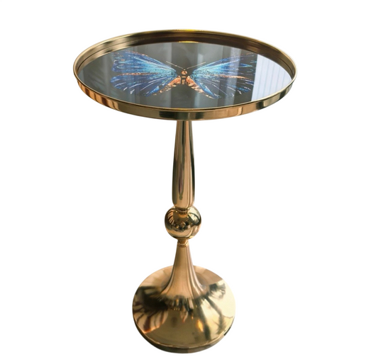 Butterfly Glass Top Side Table, Round Gold Pedestal Accent Table with Tempered Glass Top, Luxury Small End Table for Living Room, Bedroom, Sofa Side and Entryway Decor