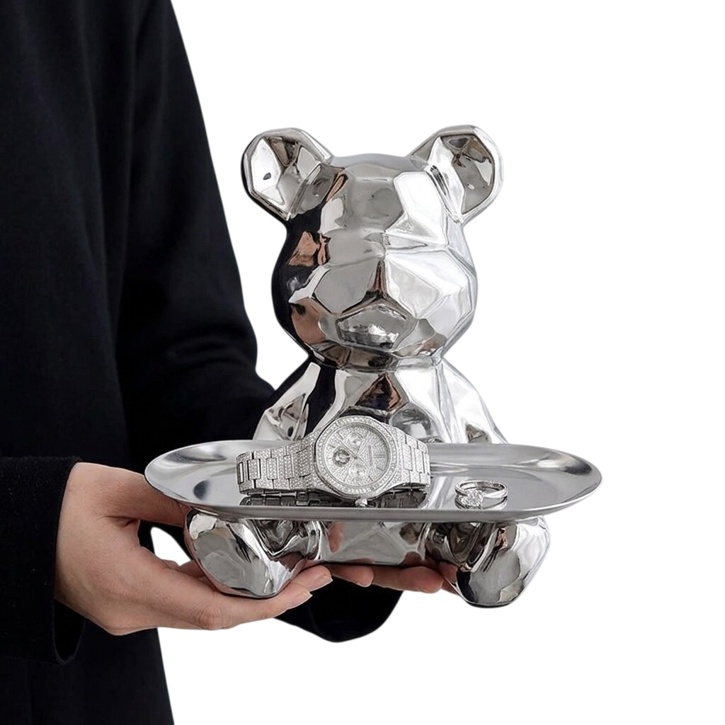 Silver Geometric Bear Tray, Reflective Animal Figurine Jewelry Holder and Catchall Organizer for Keys, Coins, Rings, Vanity, Entryway, Desk and Living Room Décor