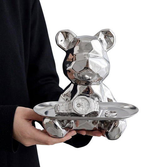 Silver Geometric Bear Tray, Reflective Animal Figurine Jewelry Holder and Catchall Organizer for Keys, Coins, Rings, Vanity, Entryway, Desk and Living Room Décor