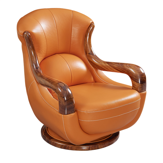 Orange Genuine Leather Swivel Lounge Chair with Wenge Wood Frame, Modern Accent Armchair for Living Room, Office &amp; Reading Nook
