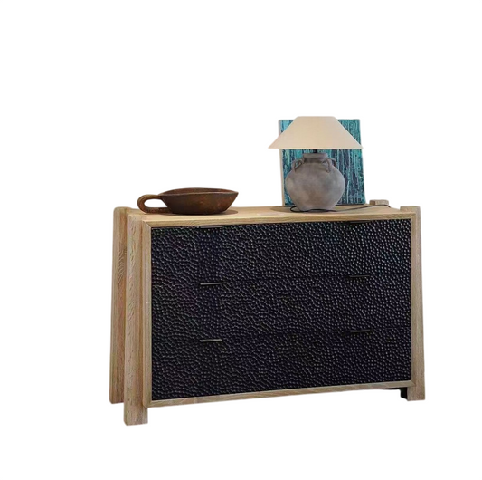 Black Hammered Texture Sideboard Cabinet, Solid Wood Buffet Credenza with Natural Wood Frame, Modern Rustic Storage Cabinet for Living Room, Dining Room and Entryway