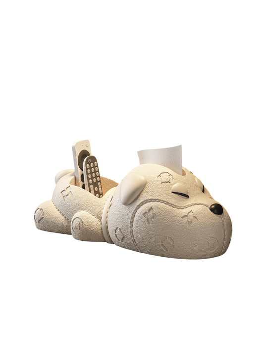Beige Leather-Texture Dog Tissue Box Holder with Large Tissue Compartment and Dual Remote Control Storage Slots, Decorative Puppy Organizer for Living Room Coffee Table, Bedroom and Office