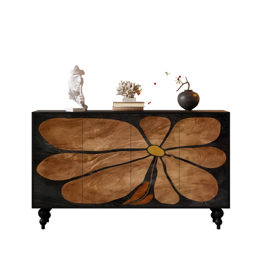 French Vintage Style Floral Sideboard Cabinet, 47 Inch 4 Door Solid Wood Storage Cabinet with Black and Natural Flower Front, Buffet Credenza for Dining Room, Living Room, Entryway and Hotel Decor