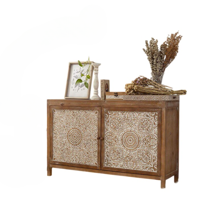 Rustic Solid Wood Sideboard with Carved Double Doors, 48.4 Inch