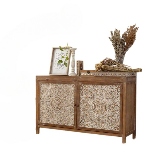 Rustic Solid Wood Sideboard with Carved Double Doors, 48.4 Inch