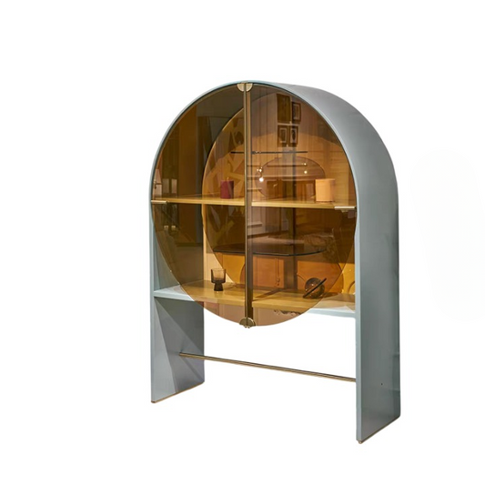 Arched Glass Display Cabinet with Amber Doors and Storage Drawer