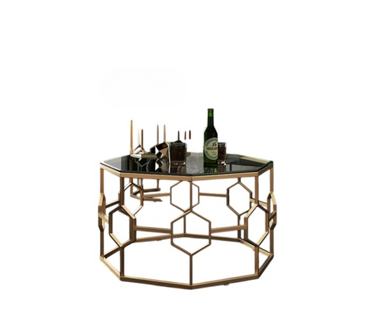Gold Geometric Glass Coffee Table with Hexagon Metal Frame