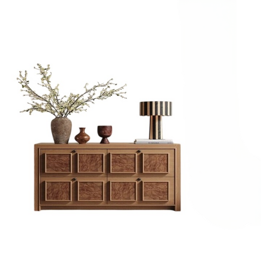 Natural Wood 4 Drawer Dresser Cabinet, Scandinavian Style Solid Wood Storage Chest, Low Sideboard Cabinet for Bedroom, Living Room, Entryway, Hallway, Closet, and Home Organization