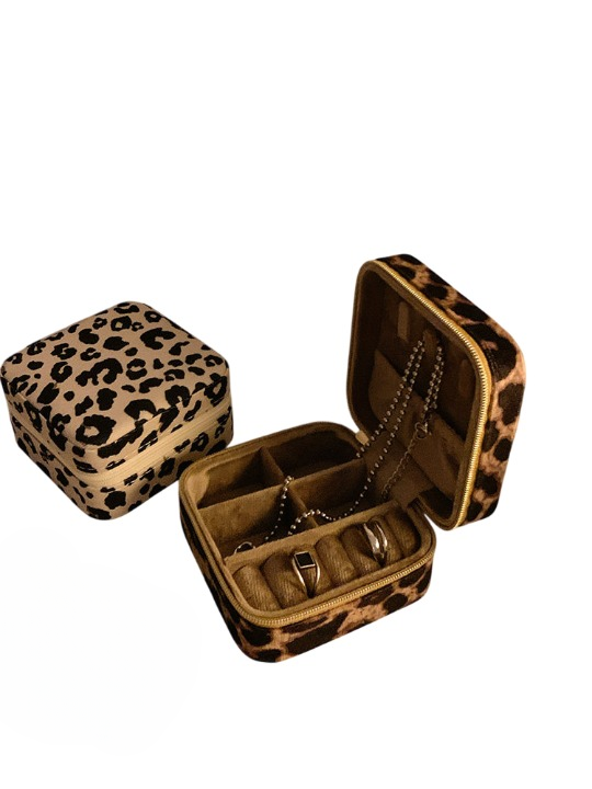 Set of 2 Leopard and Cow Print Travel Jewelry Boxes with Ring Slots