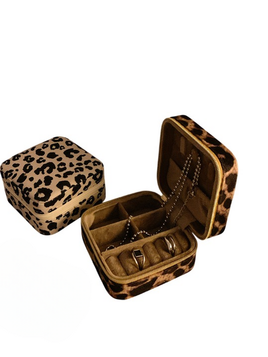 Set of 2 Leopard and Cow Print Travel Jewelry Boxes with Ring Slots