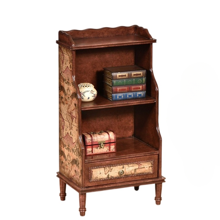 Brown Solid Wood Narrow Bookcase with Drawer and Map Print
