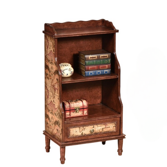 Brown Solid Wood Narrow Bookcase with Drawer and Map Print