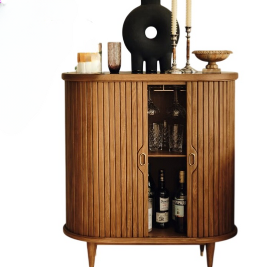 Solid Wood Fluted Bar Cabinet, Carved Sideboard Buffet Cabinet with Glassware Storage for Dining Room, Living Room, Home Bar, Hotel, Natural Wood Finish