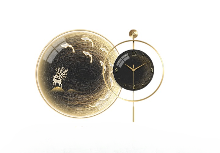 Modern Koi Fish Wall Clock 28 Inch, LED Lighted Black Gold Wall Art