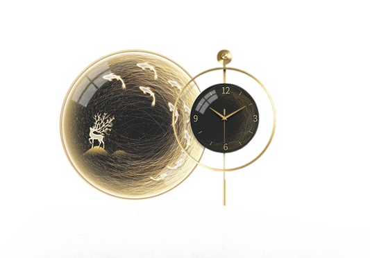 Modern Koi Fish Wall Clock 28 Inch, LED Lighted Black Gold Wall Art