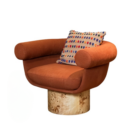 Orange Upholstered Swivel Accent Chair with Burl Wood Pedestal Base