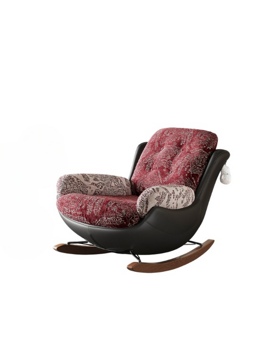 Red Patterned Rocking Chair with Wood Runners and Cushioned Seat