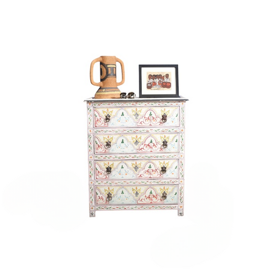 Moroccan Style Hand Painted 4 Drawer Dresser, White Multicolor Accent Chest of Drawers, Decorative Storage Cabinet for Bedroom, Living Room, Entryway, Hallway
