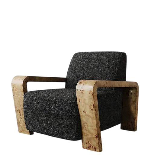 Black Linen Accent Chair with Burl Wood Arms, Modern Upholstered Lounge Armchair for Living Room, Bedroom, Office, Hotel Lobby, Reception Area, Reading Corner and Luxury Home Decor