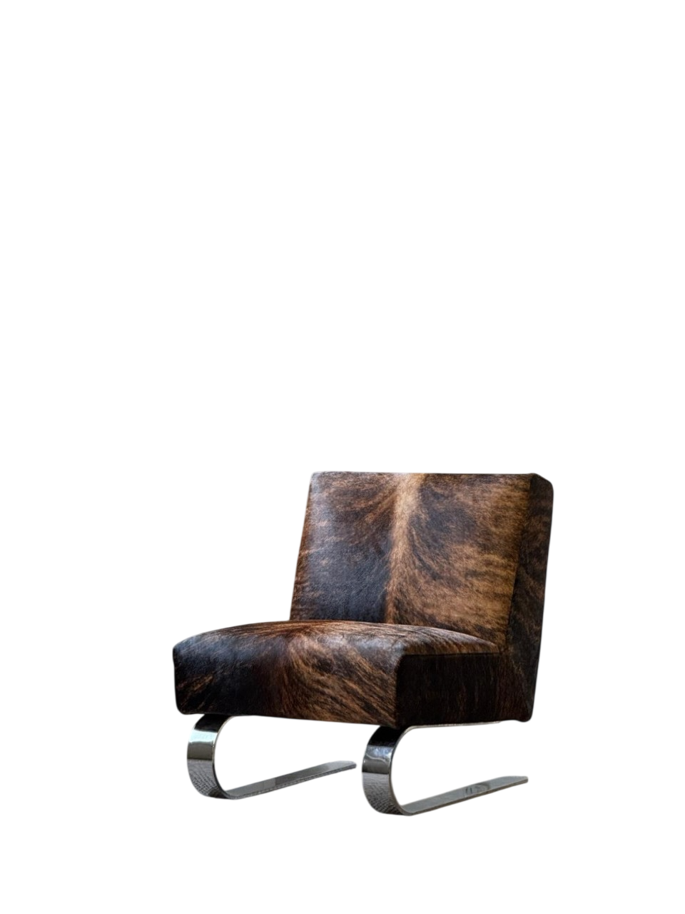 Modern Hair-On Hide Accent Chair with Stainless Steel Sled Base, Low Profile Lounge Chair for Living Room, Bedroom, Reading Nook and Office, Black Brown