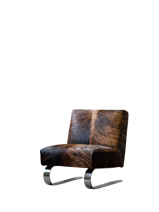 Modern Hair-On Hide Accent Chair with Stainless Steel Sled Base, Low Profile Lounge Chair for Living Room, Bedroom, Reading Nook and Office, Black Brown
